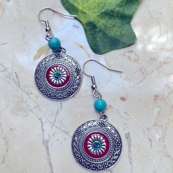 Boho Silver Round Turquoise Bead Drop  Earrings - Picture 9 of 14